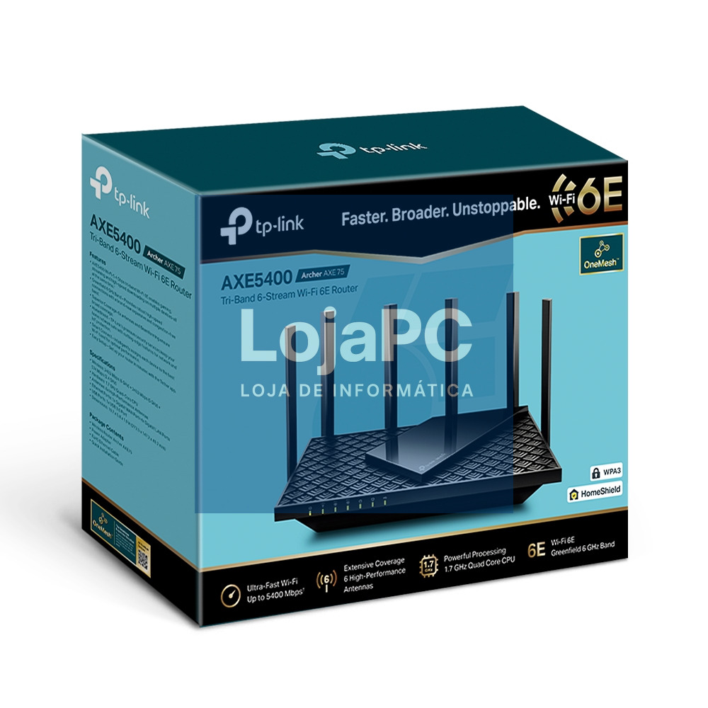 TP-LINK AX5400 Tri-Band Wi-Fi 6E Router 574Mbps at 2.4GHz + 2402Mbps at 5GHz + 2402Mbps at 6GHz 6x Antennas Broadcom 1.7GHz Quad CPU