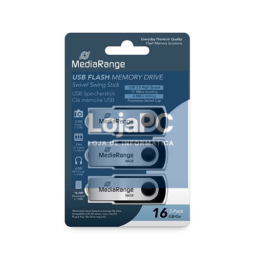 PENDRIVE 16GB USB 2.0 MEDIARANGE 3 PACK