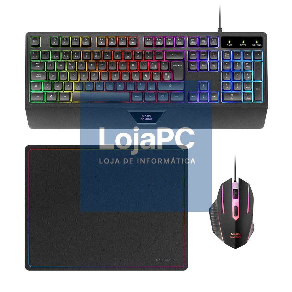 MARS GAMING MCP-124 3IN1 GAMING COMBO RGB H-MECH KEYBOARD WITH PALMREST RGB 3200DPI MOUSE HUANO SWITCHES 360 260MM MOUSEPAD PORTUGUE
