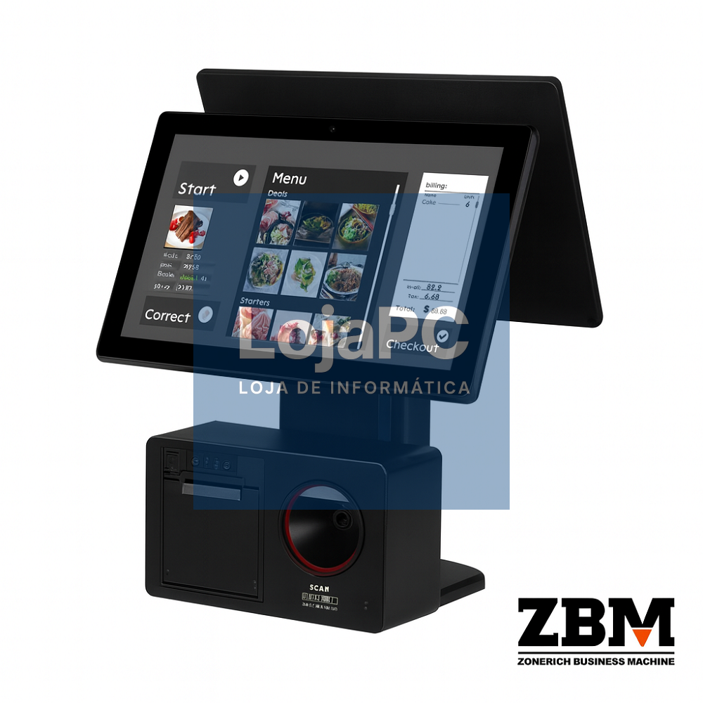 POS/Quiosque Intel J6412 / DDR4 8GB / SSD 120GB / Printer & 2D Module / Touch 15.6" + Display Cliente 15.6" / W11 PRO Preto