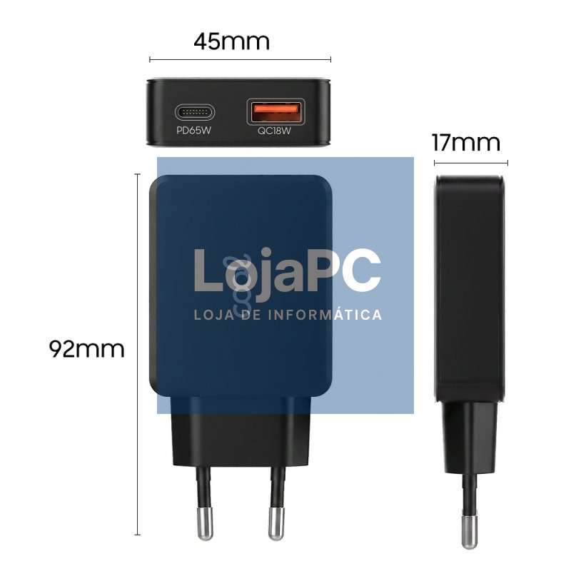 Universal Ultra Rápido PD Type-C + USB COOL Carregador de Rede (65W + Cabo Type-C) GaN Preto — imagem 3