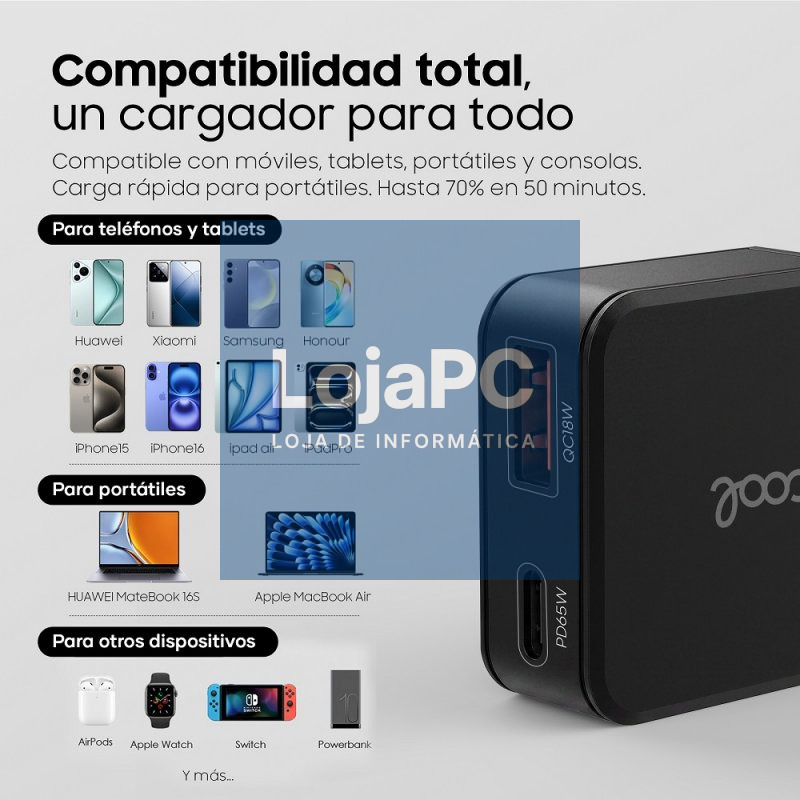 Universal Ultra Rápido PD Type-C + USB COOL Carregador de Rede (65W + Cabo Type-C) GaN Preto — imagem 4
