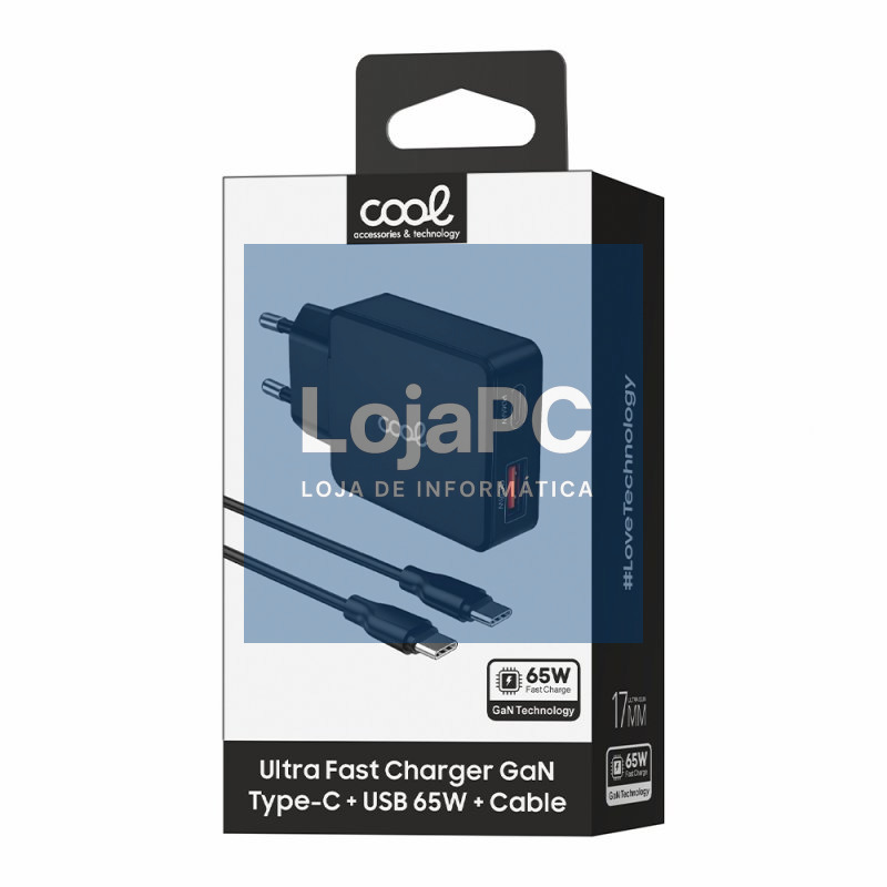 Universal Ultra Rápido PD Type-C + USB COOL Carregador de Rede (65W + Cabo Type-C) GaN Preto — imagem 2