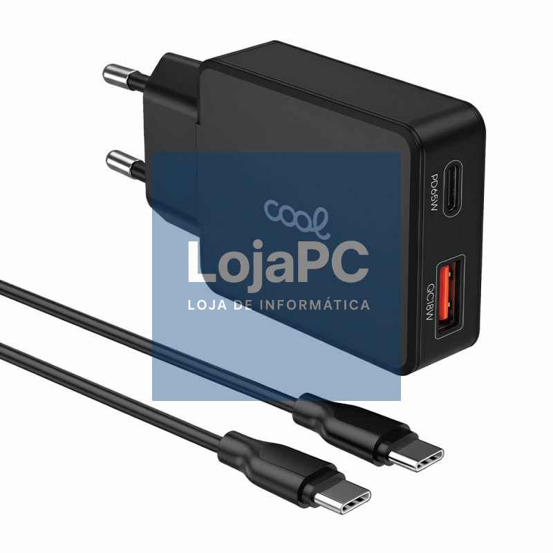 Universal Ultra Rápido PD Type-C + USB COOL Carregador de Rede (65W + Cabo Type-C) GaN Preto