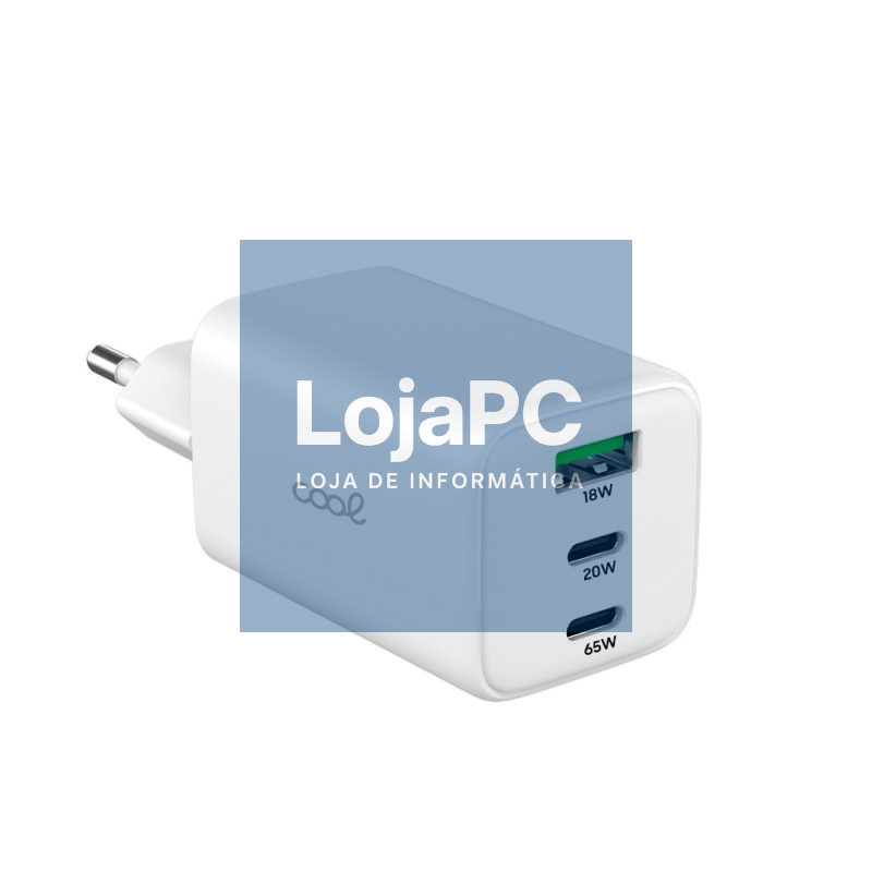 Universal Ultra Rápido Triplo (PD) 2 x Type-C + USB COOL Carregador de Rede (65W) GaN Branco