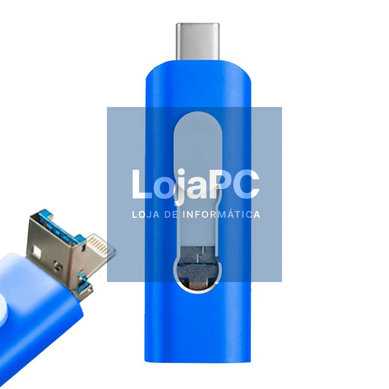 Pen drive USB x64 GB COOL (3 em 1) Lightning / Type-C / USB Blue