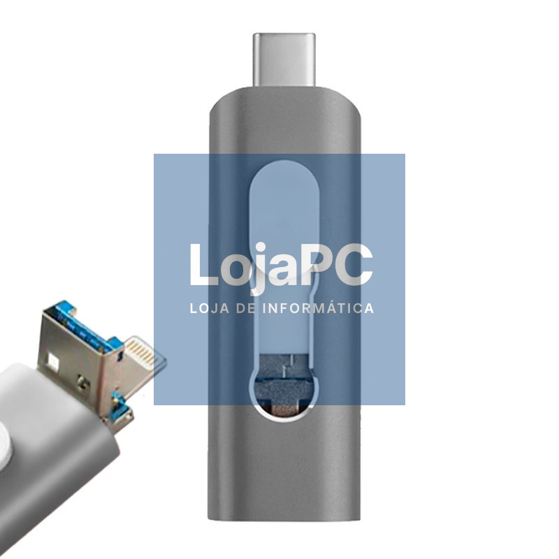 Pen drive USB x64 GB COOL (3 em 1) Lightning / Type-C / USB Cinza
