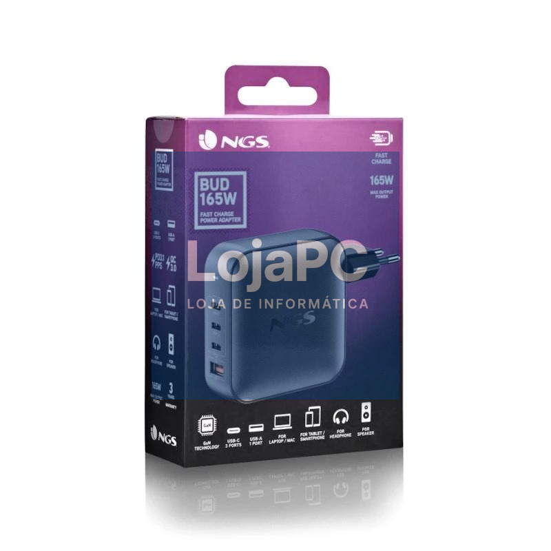 NGS CARGADOR ULTRARAPIDO165W 4 PUERTOS 3USB-C 1 US — imagem 3