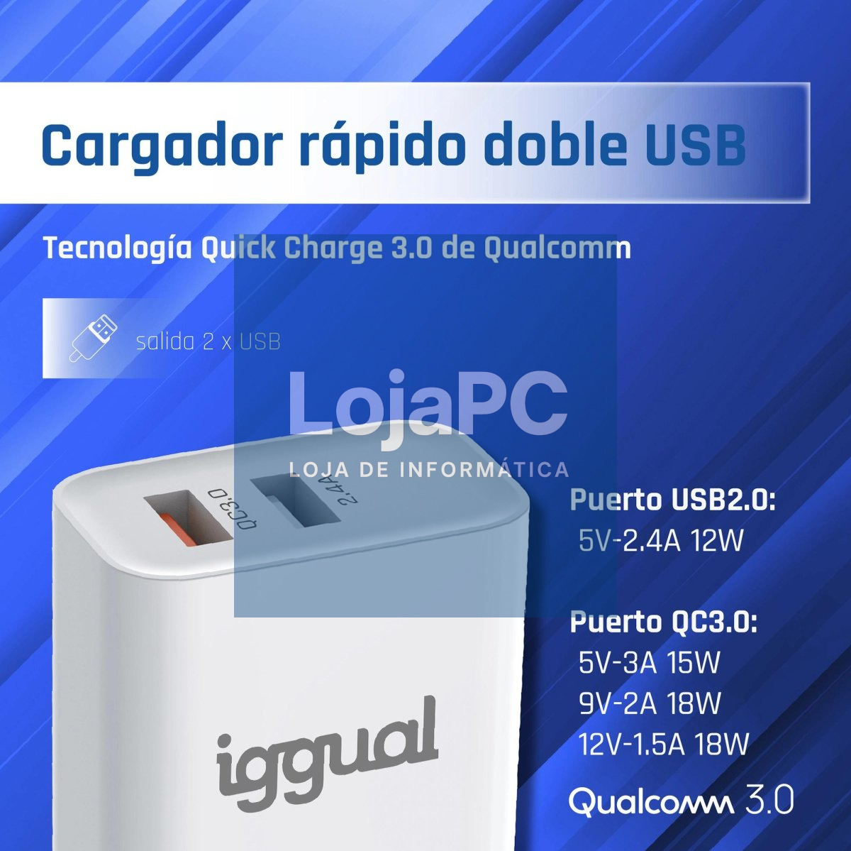 iggual Cargador doble 2xUSB carga rápida QC3.0 30W — imagem 2