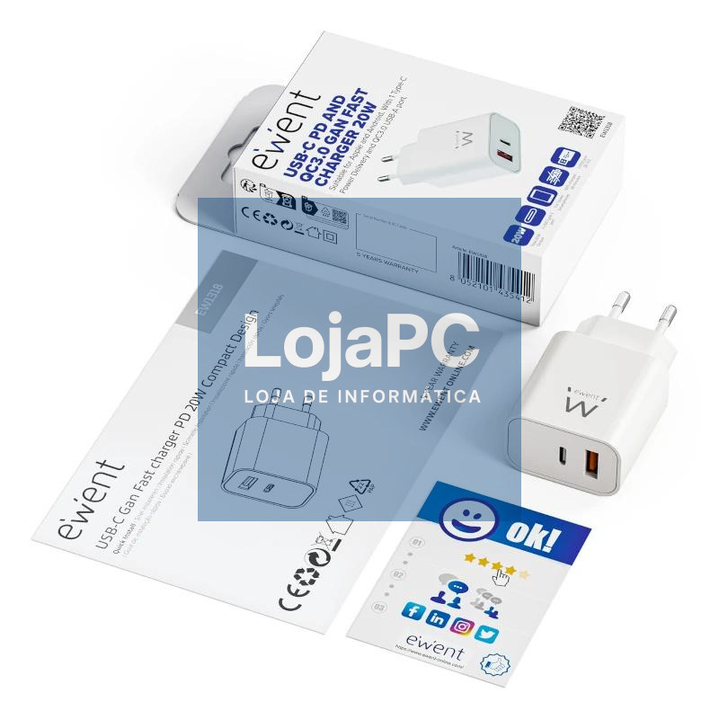 EWENT EW1318 Cargador rápido USB-C PD 20W USB-A QC — imagem 3