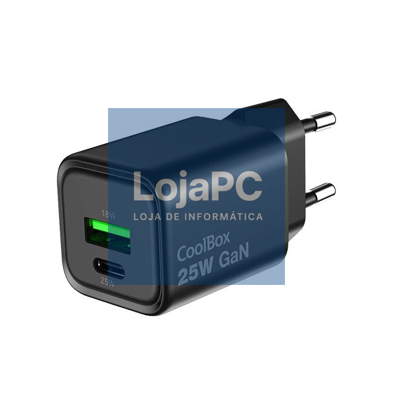 COOLBOX Cargador Gan 25W USB-A/USB-C Pared Negro