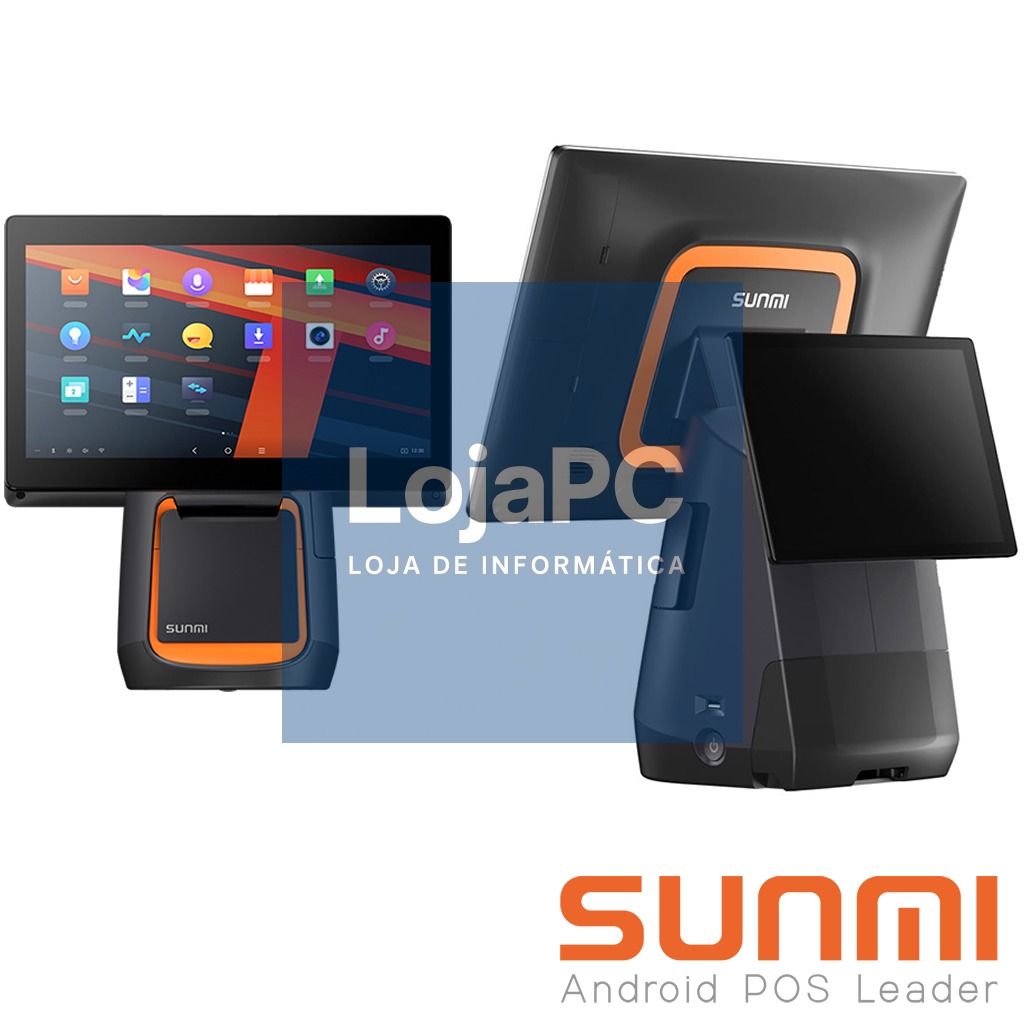 T2s, SUNMI OS, A9.0, 15,6" + 10", 4GB +64GB, impressora de 80mm, Wifi, Adaptador EU, 1-Y