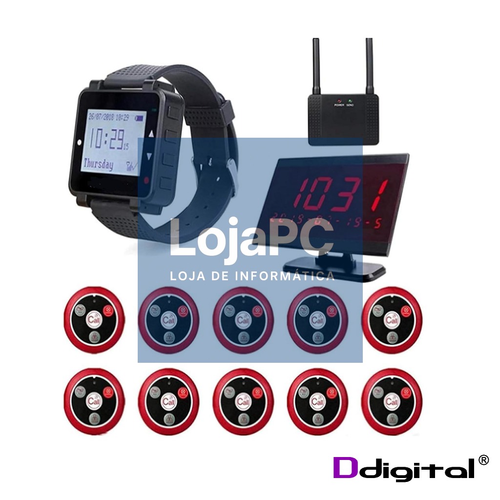 Kit Pagers de Chamada com 10 Botões + 1 Relogio + 1 Ecran LED + 1 Amplificador Sinal