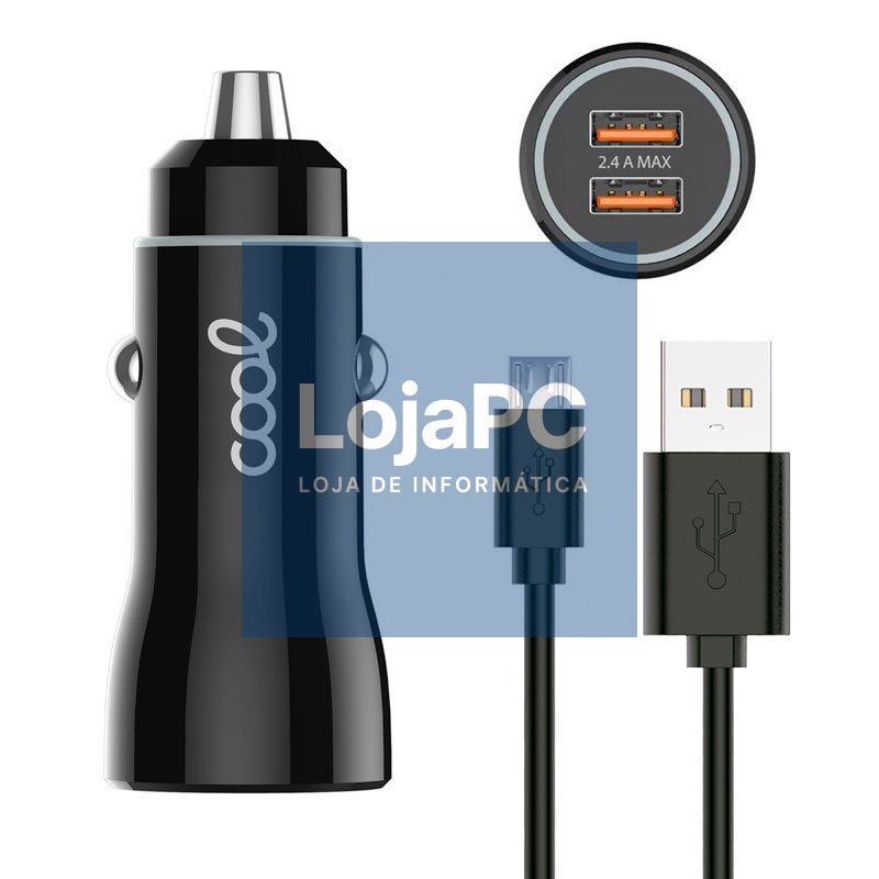 Car Charger MicroUsb Cable (2 x Usb) COOL 2.4A Kit 2 in 1 Black