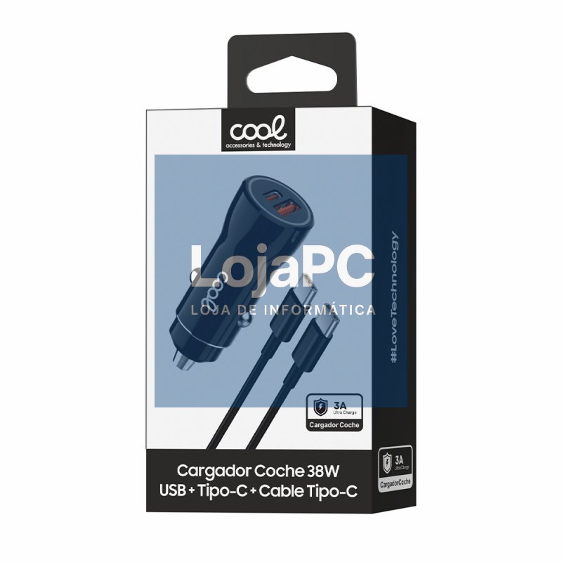 Car Charger Type C Cable (2 x USB + Type-C) COOL 38W Kit 2 in 1 Black — imagem 3
