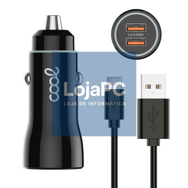 Car Charger Type C Cable (2 x Usb) COOL 2.4A Kit 2 in 1 Black