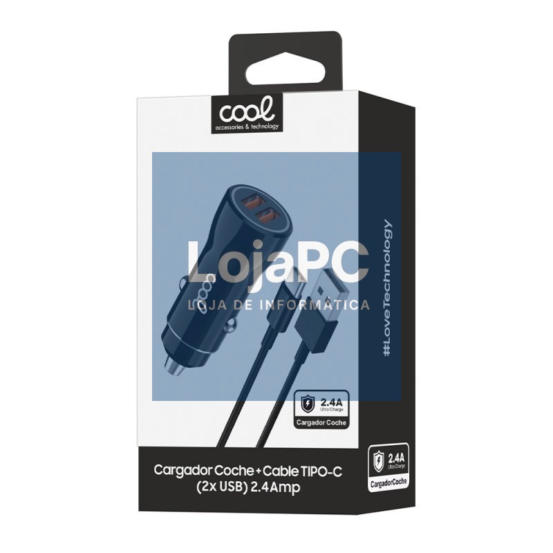 Car Charger Type C Cable (2 x Usb) COOL 2.4A Kit 2 in 1 Black — imagem 3