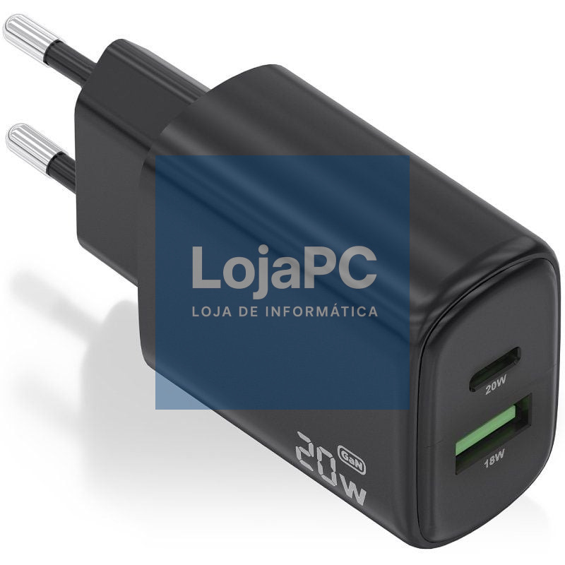 Carregador de parede GaN Aisens A110-0910/ 1xUSB Tipo-C/ 1xUSB/ 20W/ Preto