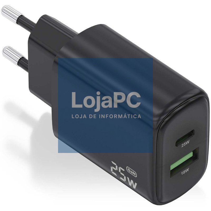 Carregador de parede GaN Aisens A110-0912/ 1xUSB Tipo-C/ 1xUSB/ 25W/ Preto