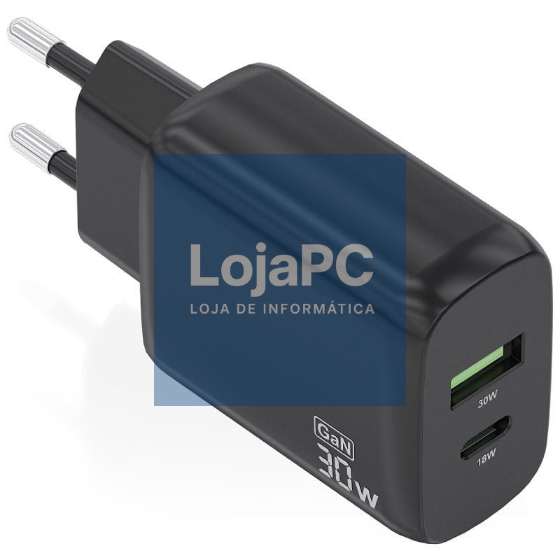 Carregador de parede GaN Aisens A110-0924/ 1xUSB Tipo-C/ 1xUSB/ 30W/ Preto