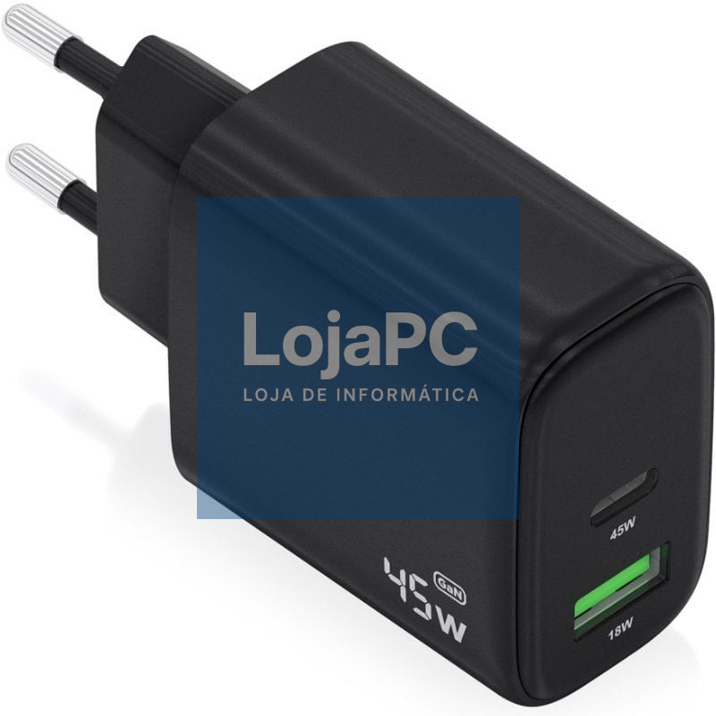 Carregador de parede GaN Aisens A110-0972/ 1xUSB Tipo-C/ 1xUSB/ 45W/ Preto