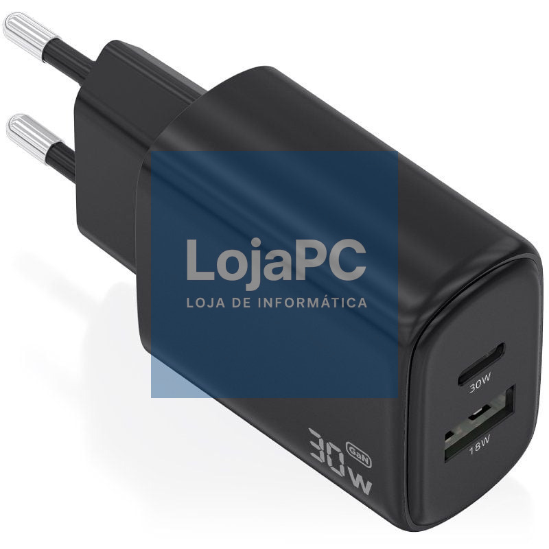 Carregador de parede GaN Aisens A110-0978/ 1xUSB Tipo-C/ 1xUSB/ 30W/ Preto