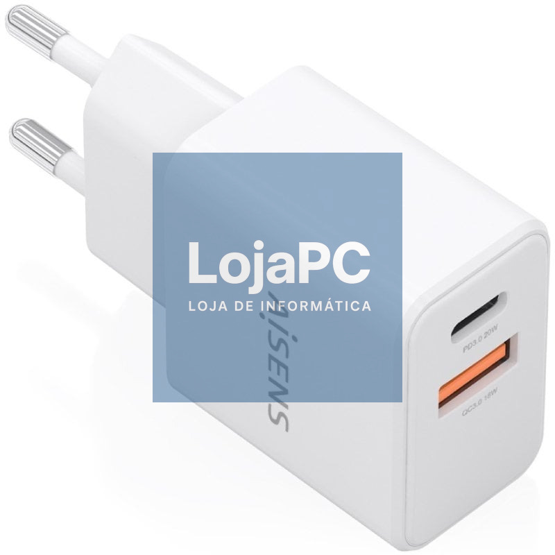 Carregador de parede GaN Aisens A110-1025/ 1xUSB Tipo-C/ 1xUSB/ 20W/ Branco