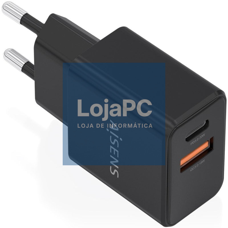 Carregador de parede GaN Aisens A110-1026/ 1xUSB Tipo-C/ 1xUSB/ 20W/ Preto