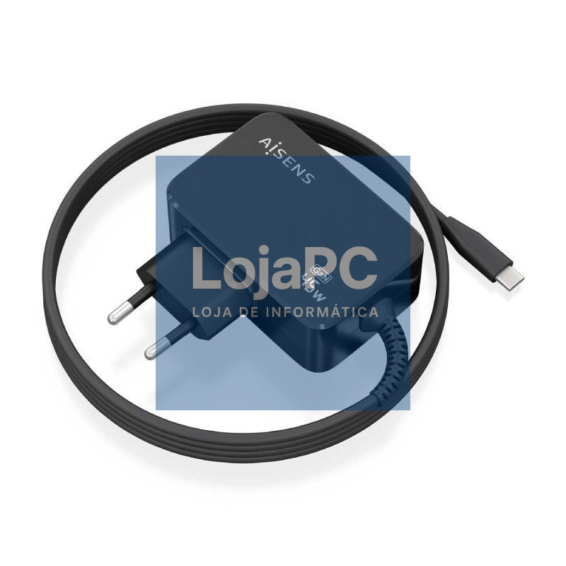 Carregador de parede GaN Aisens ASCH-1PD45WL032-BK/ 1xUSB Tipo-C + Cabo 1.8m/ 45W