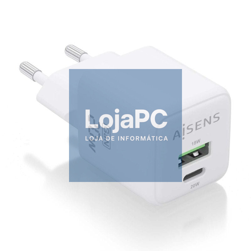 Carregador de parede GaN Aisens ASCH-20W2P010-W/ 1xUSB Tipo-C/ 1xUSB/ 20W