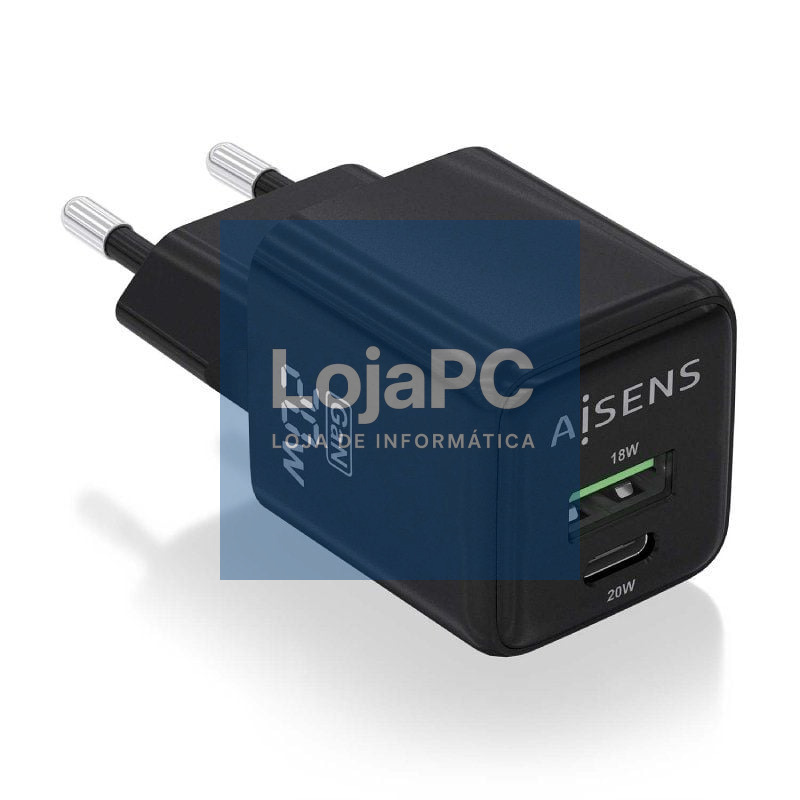 Carregador de parede GaN Aisens ASCH-20W2P011-BK/ 1xUSB Tipo-C/ 1xUSB/ 20W