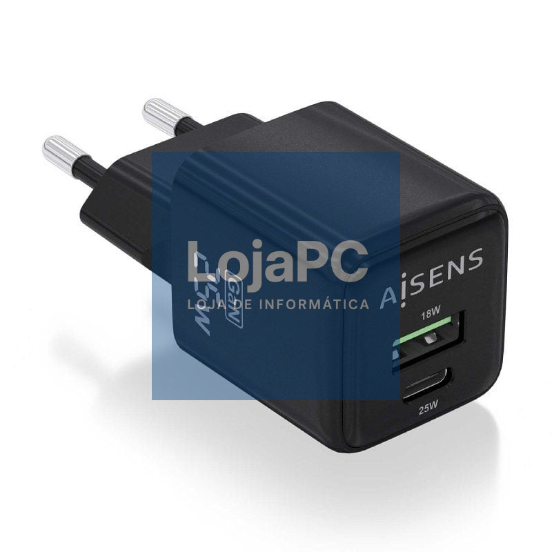 Carregador de parede GaN Aisens ASCH-25W2P015-BK/ 1xUSB Tipo-C/ 1xUSB/ 25W
