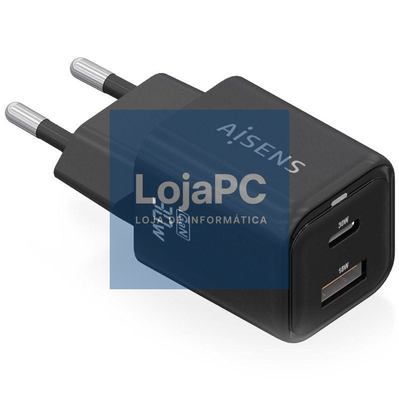 Carregador de parede GaN Aisens ASCH-30W2P021-BK/ 1xUSB Tipo-C/ 1xUSB/ 30W
