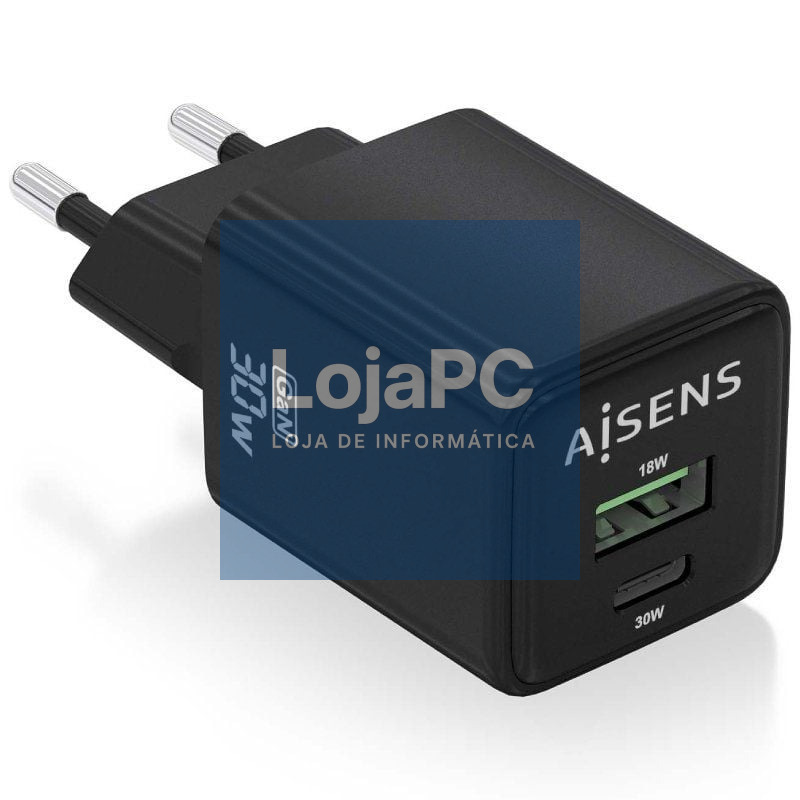 Carregador de parede GaN Aisens ASCH-30W2P038-BK/ 1xUSB Tipo-C/ 1xUSB/ 30W