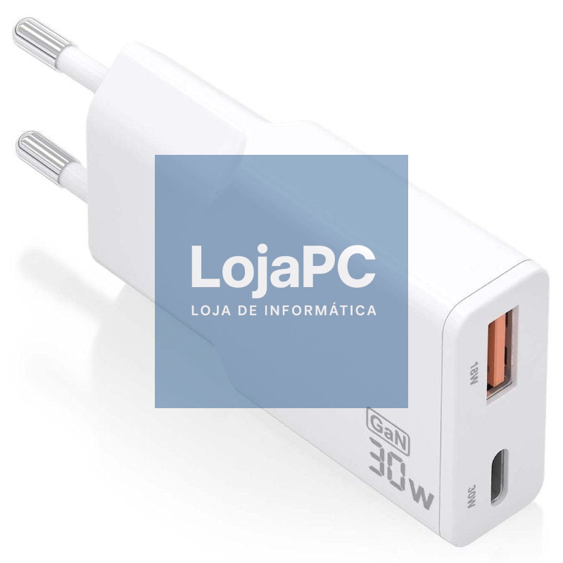 Carregador de parede GaN Aisens ASCH-30W2P046-W/ 1xUSB Tipo-C/ 1xUSB/ 30W/ Branco