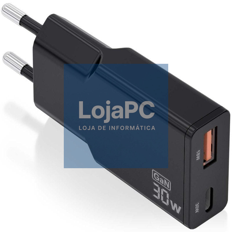 Carregador de parede GaN Aisens ASCH-30W2P047-BK/ 1xUSB Tipo-C/ 1xUSB/ 30W/ Preto