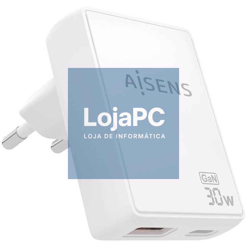 Carregador de parede GaN Aisens ASCH-30W2P074-W/ 1xUSB Tipo-C/ 1xUSB/ 30W/ Branco