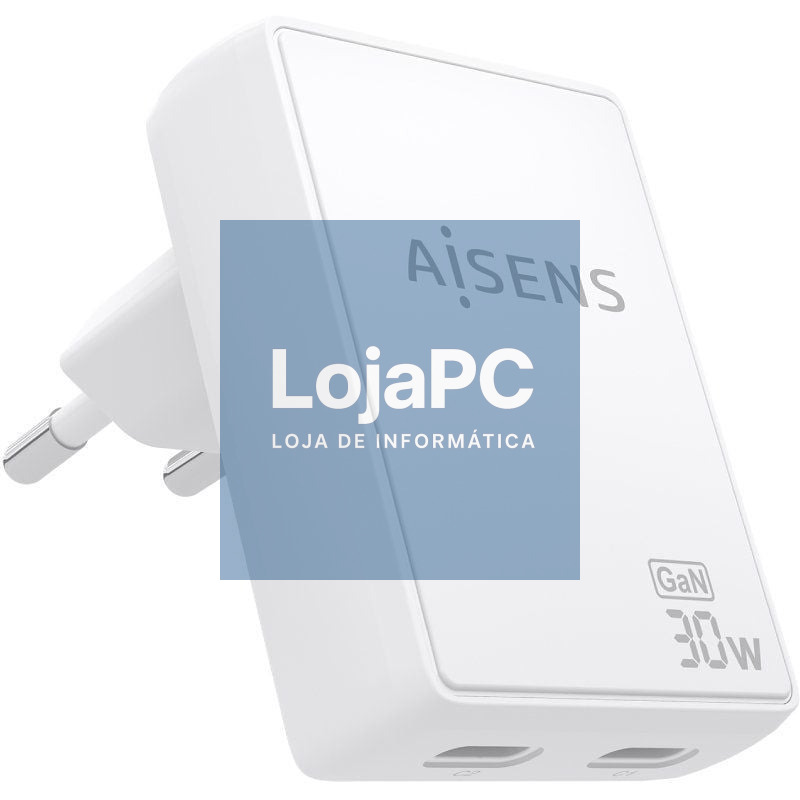 Carregador de parede GaN Aisens ASCH-30W2P075-W/ 2xUSB Tipo-C/ 30W/ Branco