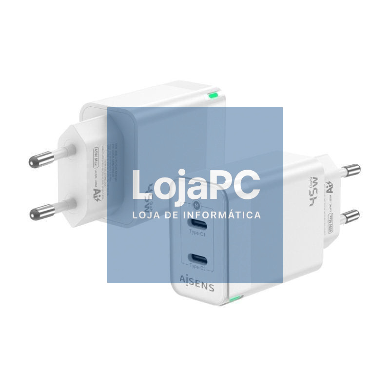 Carregador de parede GaN Aisens ASCH-45W2P005-W/ 2xUSB Tipo-C/ 45W