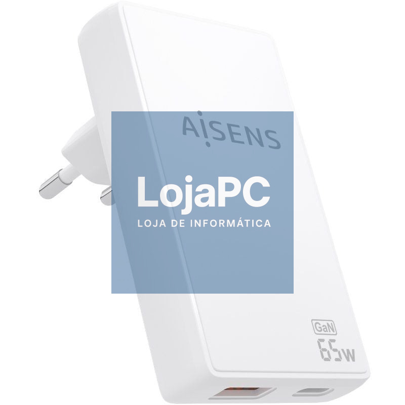 Carregador de parede GaN Aisens ASCH-65W2P076-W/ 1xUSB Tipo-C/ 1xUSB/ 65W/ Branco