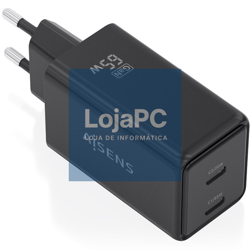 Carregador de parede GaN Aisens ASCH-65W2P079-BK/ 2xUSB Tipo-C/ 65W/ Preto