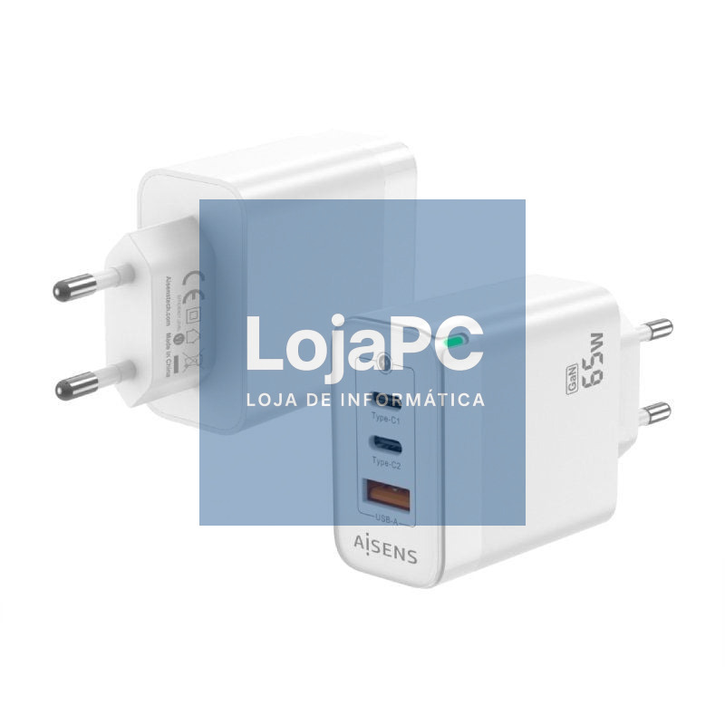 Carregador de parede GaN Aisens ASCH-65W3P007-W/ 2xUSB Tipo-C/ 1x USB/ 65W