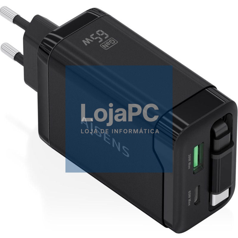 Carregador de parede GaN Aisens ASCH-65W3P071-BK/ 1xUSB Tipo-C/ 1xUSB/ 65W/ Preto