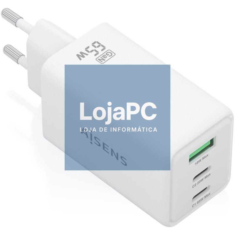 Carregador de parede GaN Aisens ASCH-65W3P072-W/ 2xUSB Tipo-C/ 1xUSB/ 65W/ Branco