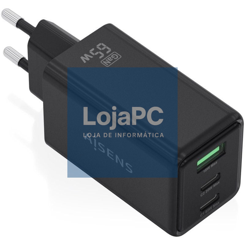 Carregador de parede GaN Aisens ASCH-65W3P073-BK/ 2xUSB Tipo-C/ 1xUSB/ 65W/ Preto