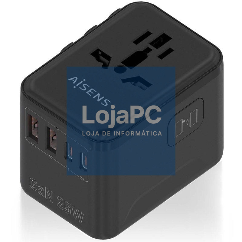 Carregador de parede Universal GaN para Viaje Aisens ASPS-2A2C08-BK/ Tomada de Corrente Universal/ 2xUSB Tipo-C/ 2xUSB/ 25W