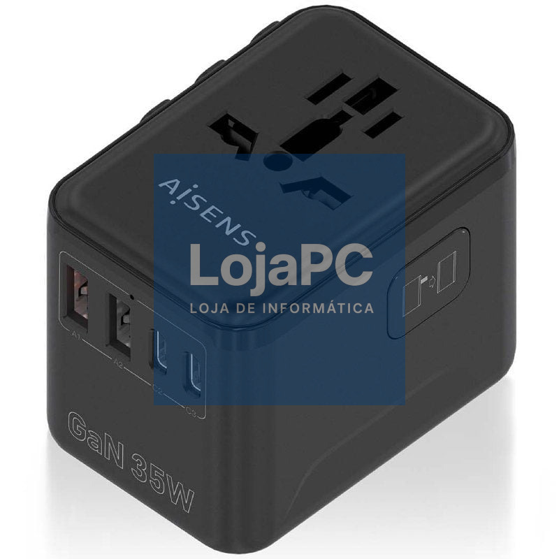 Carregador de parede Universal GaN para Viaje Aisens ASPS-2A3C09-BK/ Tomada de Corrente Universal/ 3xUSB Tipo-C/ 2xUSB/ 35W