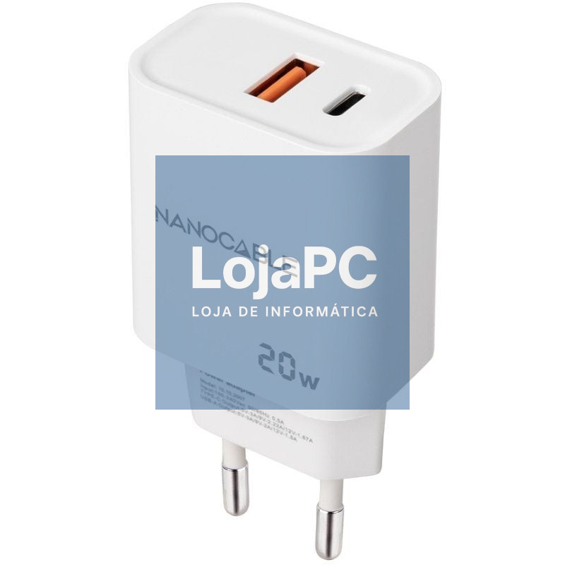 Carregador de parede Nanocable 10.10.2007/ 1xUSB/ 1xUSB Tipo-C/ 20W/ Branco