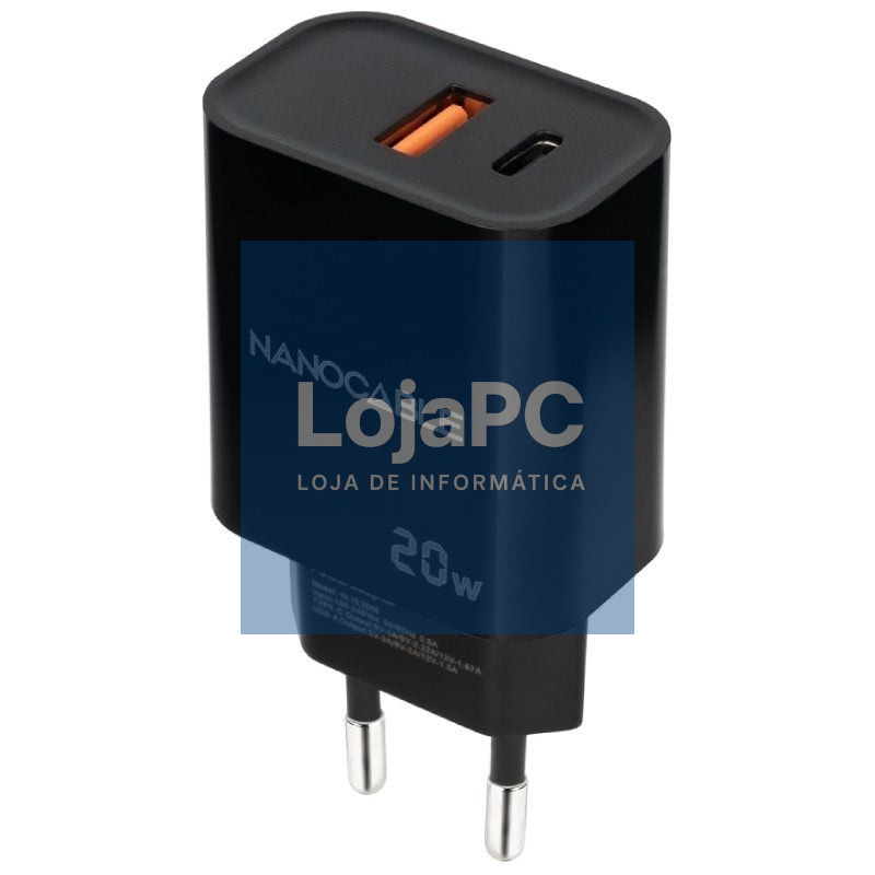 Carregador de parede Nanocable 10.10.2008/ 1xUSB/ 1xUSB Tipo-C/ 20W/ Preto