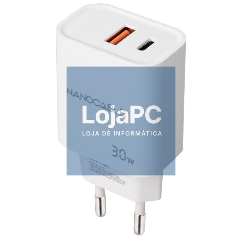 Carregador de parede Nanocable 10.10.2011/ 1xUSB/ 1xUSB Tipo-C/ 30W/ Branco